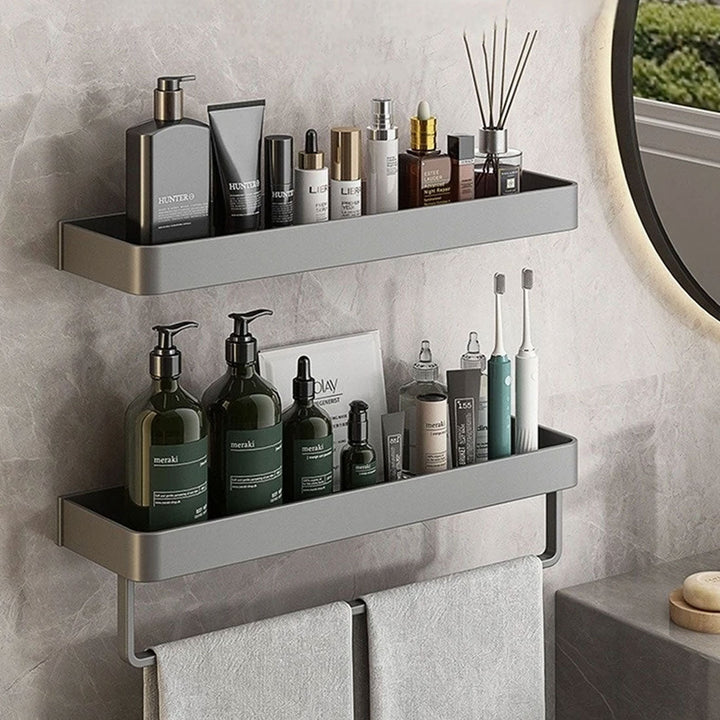 Modern Floating Bathroom Shelves with Self-Adhesive Mounting and Towel Holder – Stylish Storage Solution 3