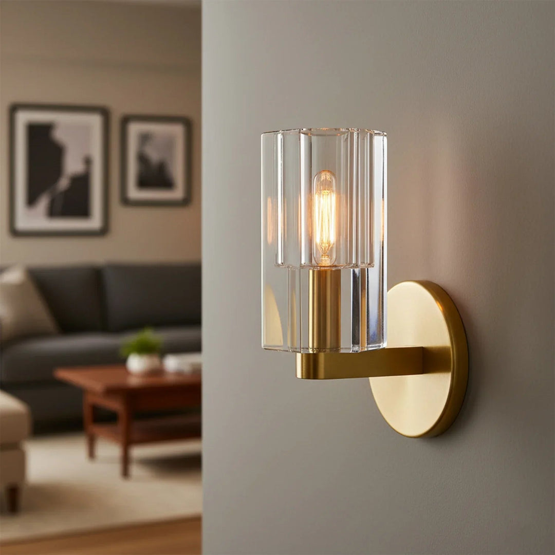 Modern Fluted Crystal Wall Sconce, Elegant Industrial Design with Textured Glass for Wall Lighting – Dimmable Sconce Light 1