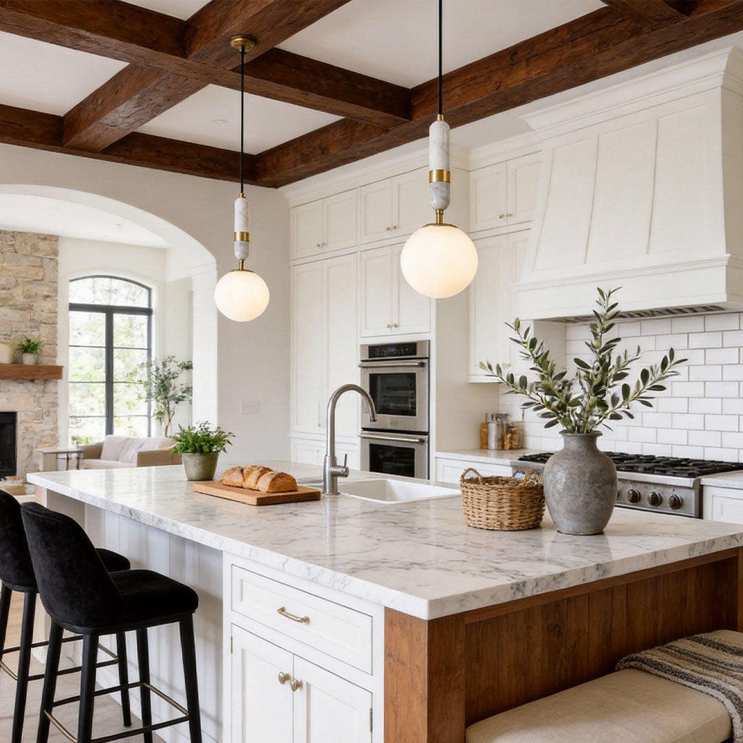 Modern Globe Pendant Light – Brass and Marble Hanging Light for Kitchen and Dining, Adjustable LED Glass Pendant 2