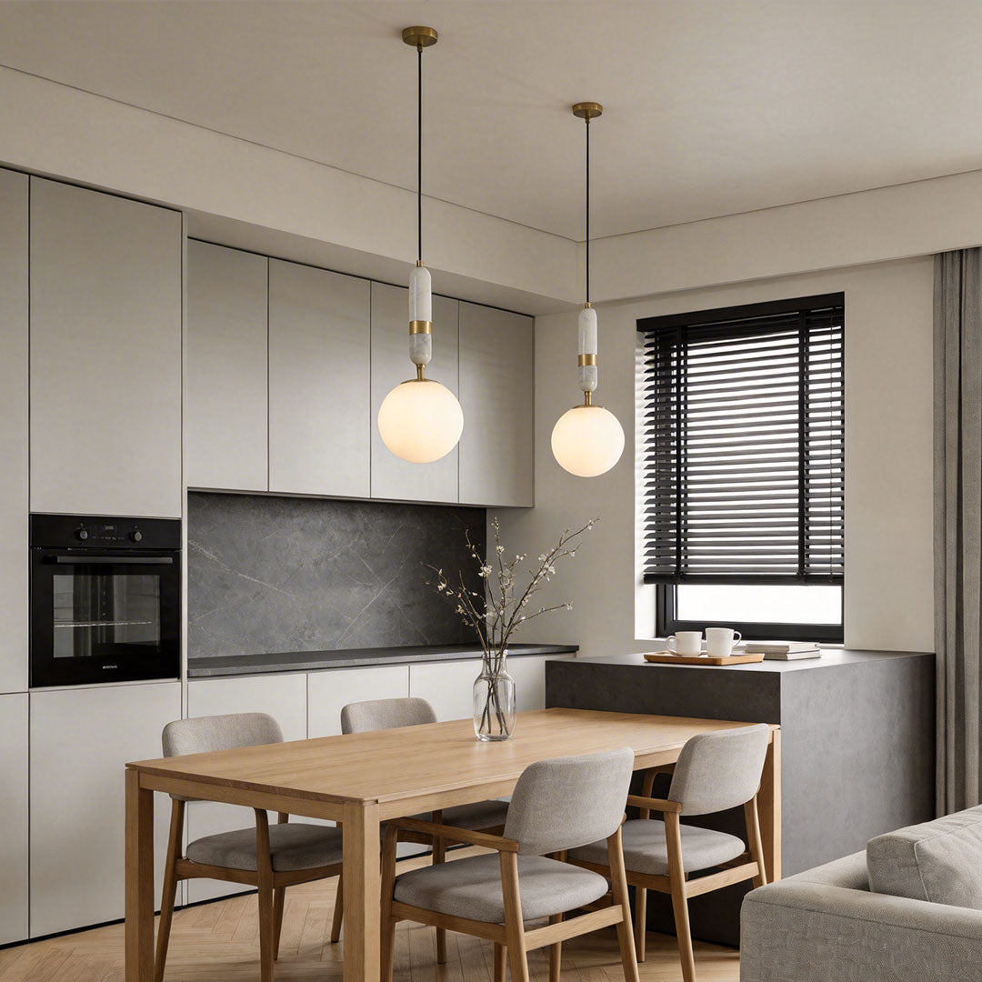 Modern Globe Pendant Light – Brass and Marble Hanging Light for Kitchen and Dining, Adjustable LED Glass Pendant 4