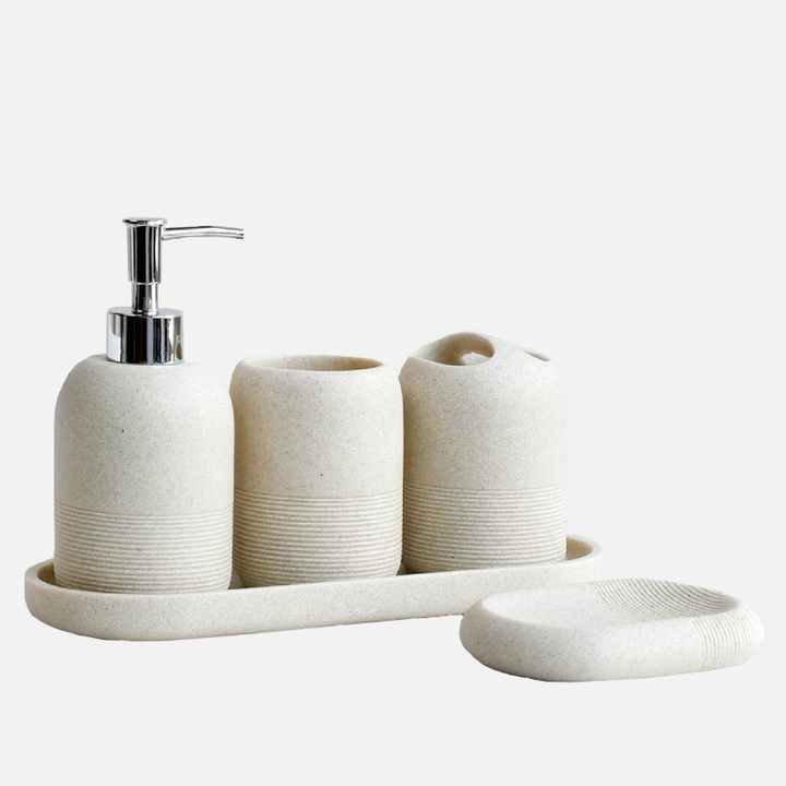 Modern Minimalist 5-Piece Beige Resin Bathroom Accessories Set with Lotion Dispenser, Toothbrush Holder, and Soap Dish 0