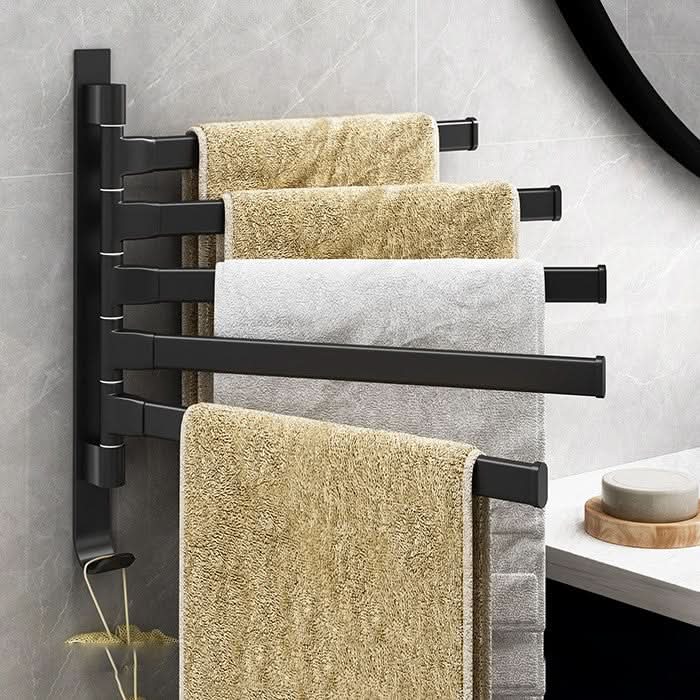 Modern Towel Rack with 5 Rotatable Arms - Matte Black Metal Bathroom Towel Holder for Stylish Organization 1