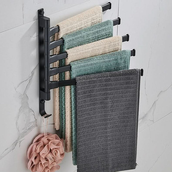 Modern Towel Rack with 5 Rotatable Arms - Matte Black Metal Bathroom Towel Holder for Stylish Organization 2