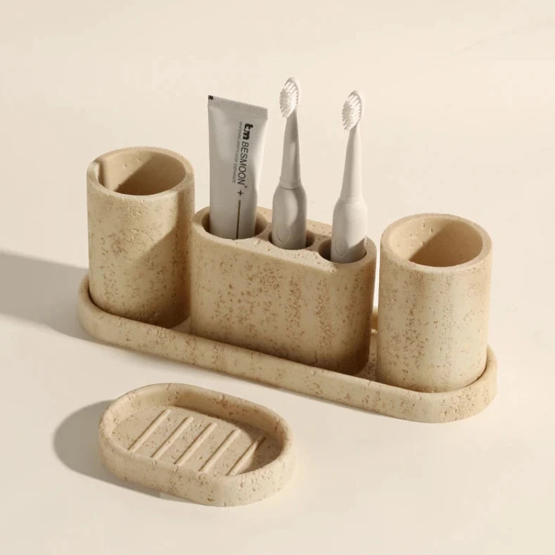 Natural Travertine Stone Bathroom Accessories Set – Elegant Beige Finish 1