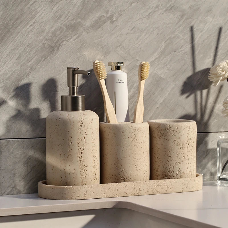 Natural Travertine Stone Bathroom Accessories Set – Elegant Beige Finish 4