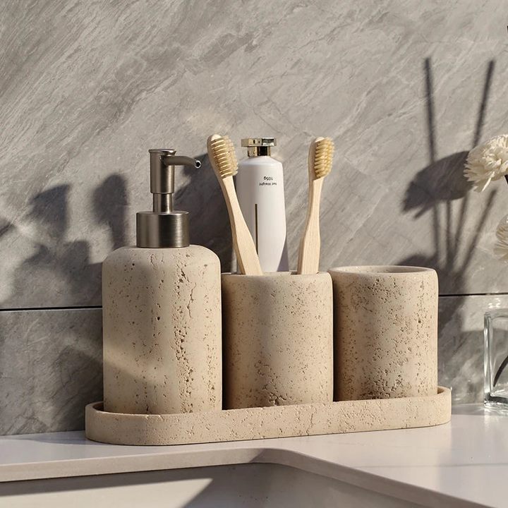 Natural Travertine Stone Bathroom Accessories Set – Elegant Beige Finish 4