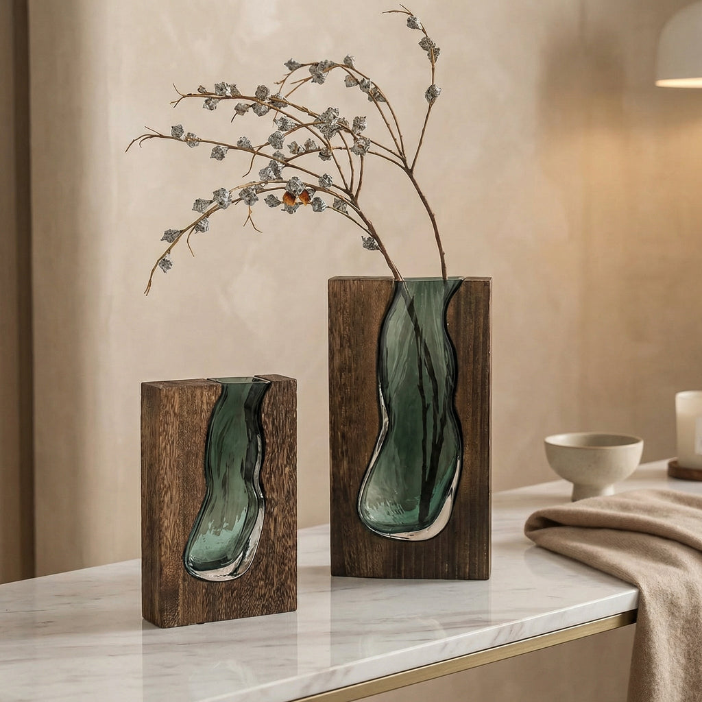 Nordic Live Edge Glass Vase with Natural Wood Base – Modern Flower Vase for Elegant Home Decor 0