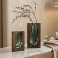 Nordic Live Edge Glass Vase with Natural Wood Base – Modern Flower Vase for Elegant Home Decor 0