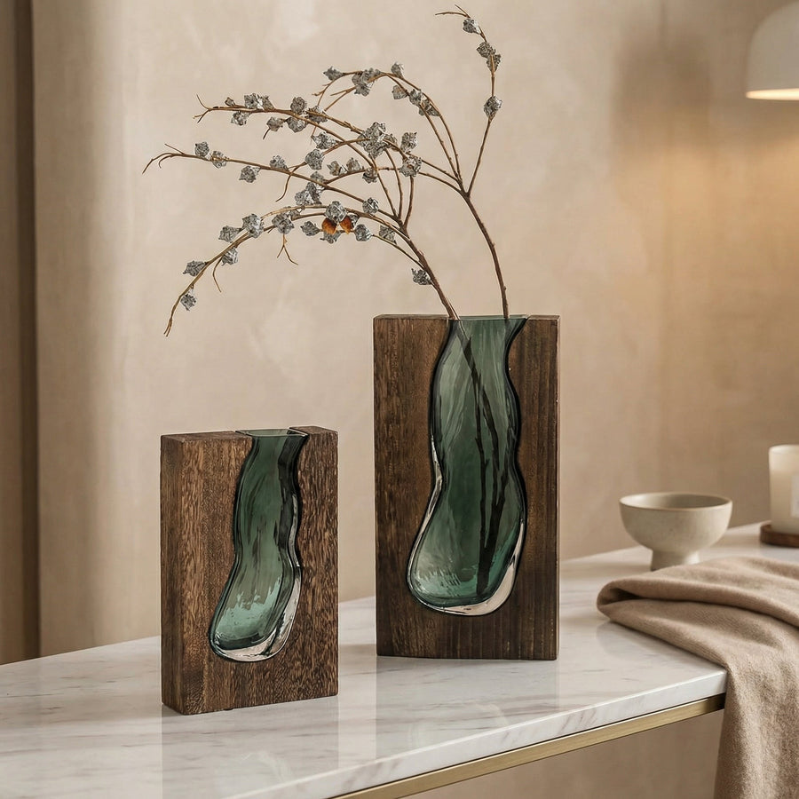 Nordic Live Edge Glass Vase with Natural Wood Base – Modern Flower Vase for Elegant Home Decor 0