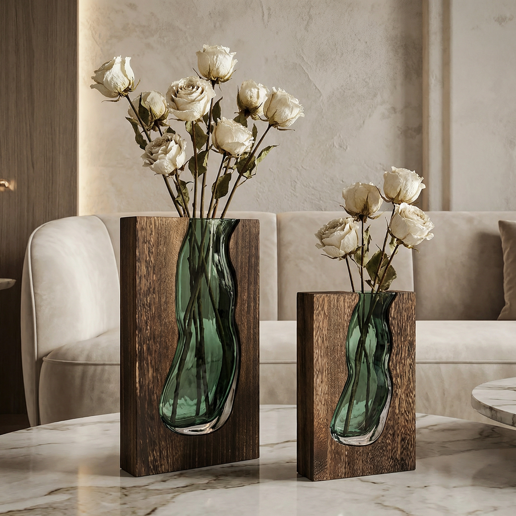 Nordic Live Edge Glass Vase with Natural Wood Base – Modern Flower Vase for Elegant Home Decor 1