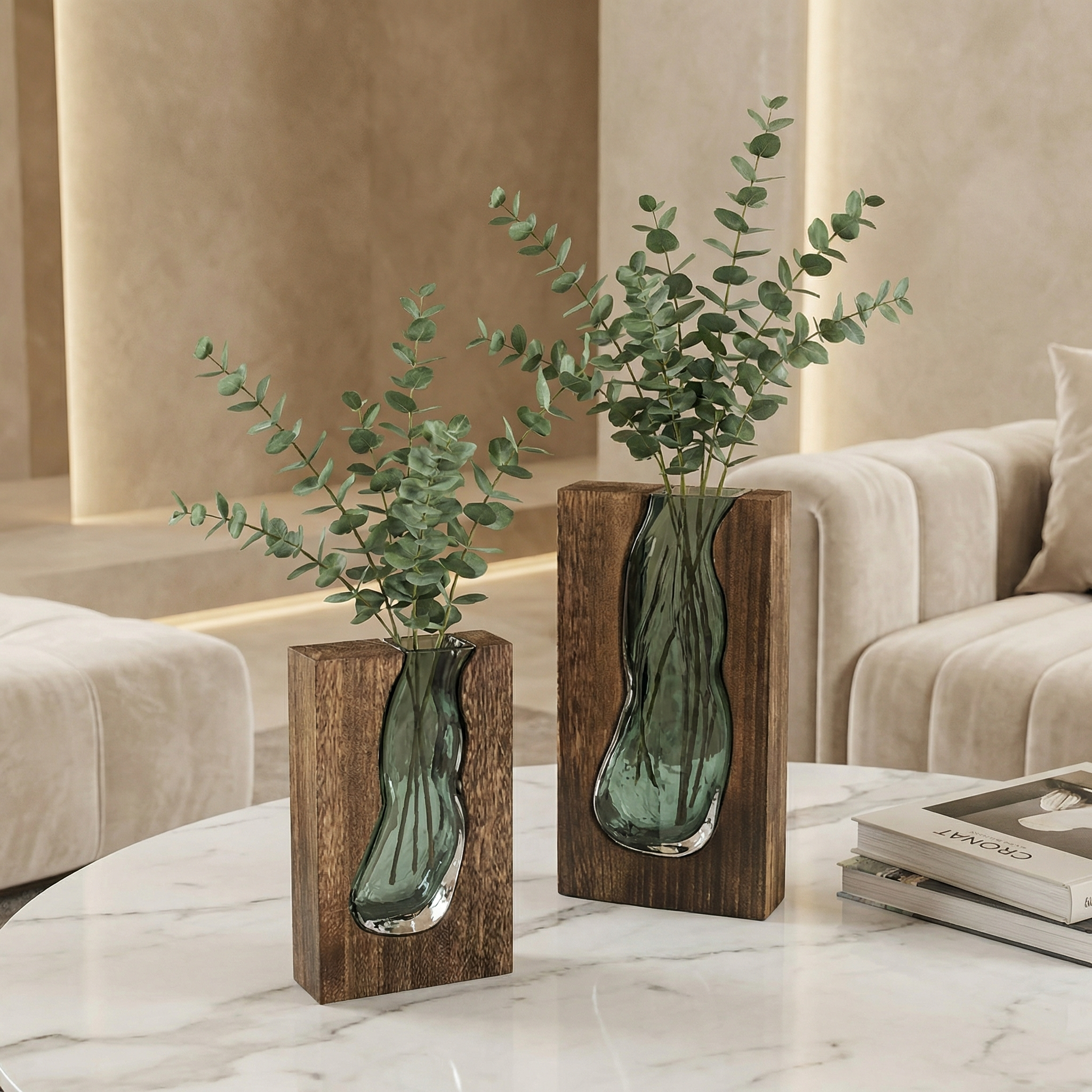 Nordic Live Edge Glass Vase with Natural Wood Base – Modern Flower Vase for Elegant Home Decor 2