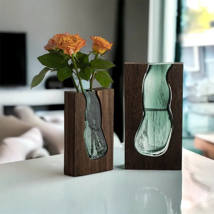 Nordic Live Edge Glass Vase with Natural Wood Base – Modern Flower Vase for Elegant Home Decor 5