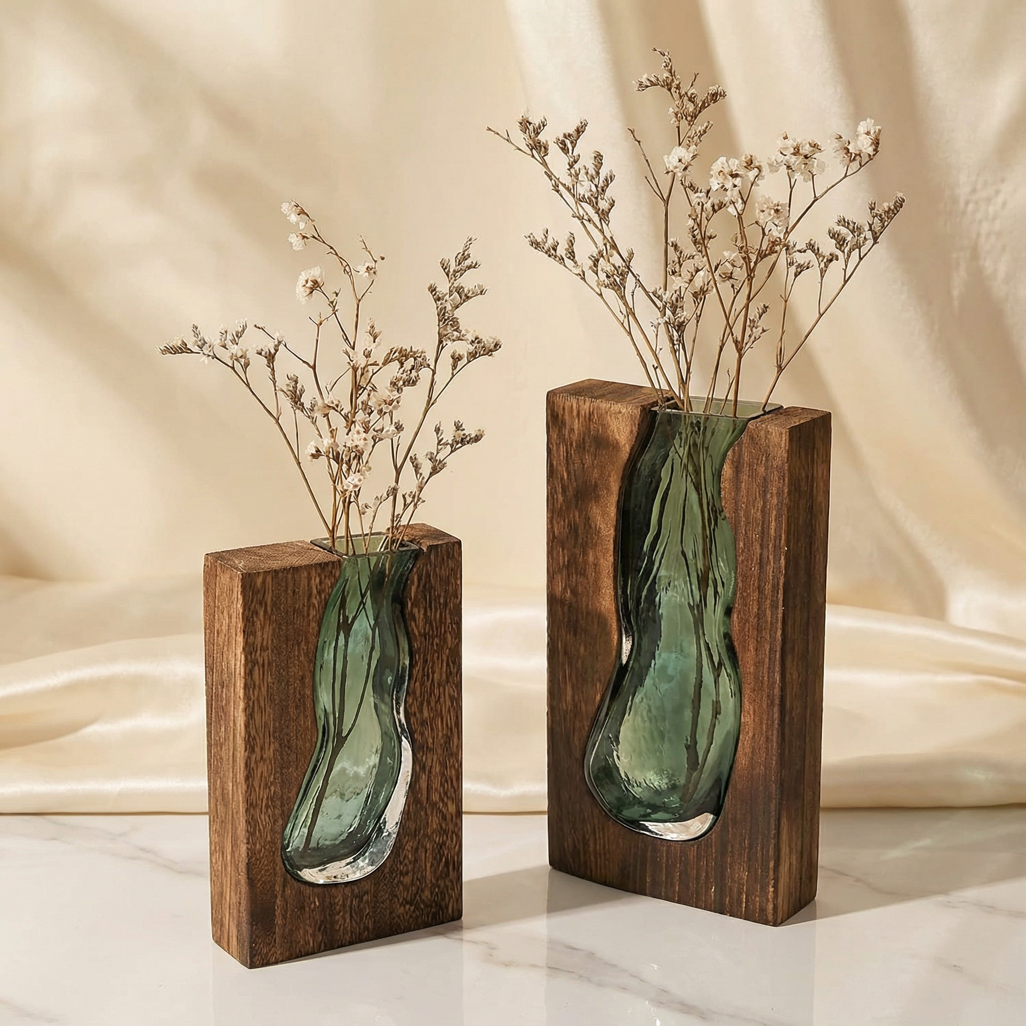 Nordic Live Edge Glass Vase with Natural Wood Base – Modern Flower Vase for Elegant Home Decor 6