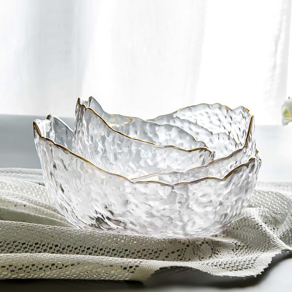Norwegian Design Glass Serving Bowls with Gold Inlaid Edges – FrostGlaze Collection 1