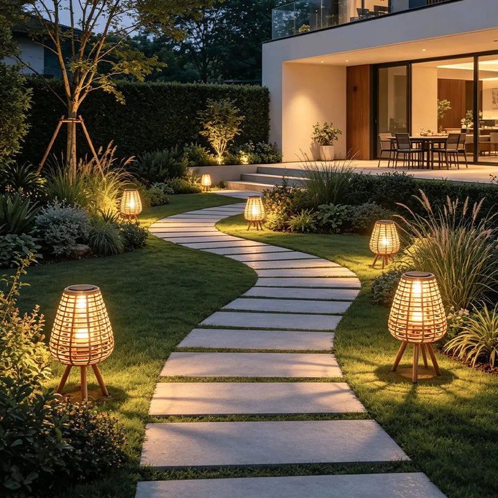 Outdoor Solar Floor Lamp with Woven Rattan Shade – USB Rechargeable, Warm White LED for Patios and Gardens 2