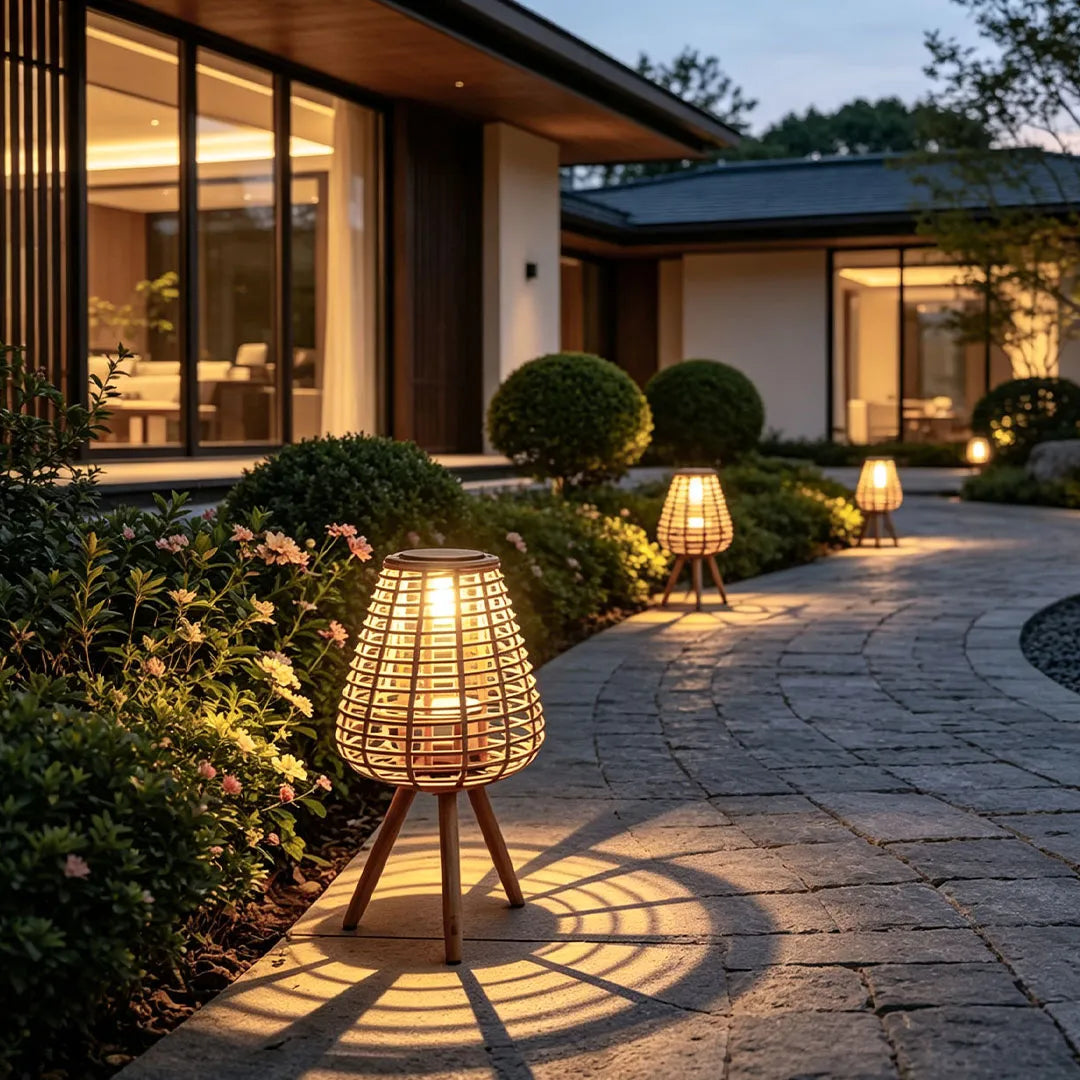 Outdoor Solar Floor Lamp with Woven Rattan Shade – USB Rechargeable, Warm White LED for Patios and Gardens 4