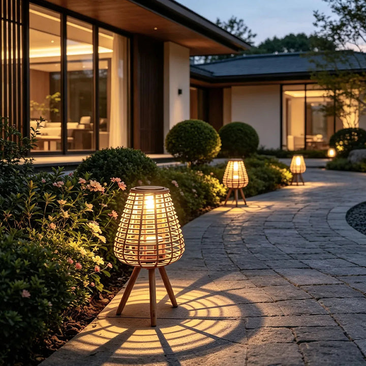 Outdoor Solar Floor Lamp with Woven Rattan Shade – USB Rechargeable, Warm White LED for Patios and Gardens 4
