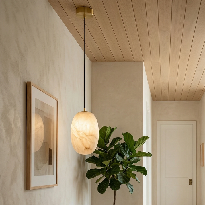 Oval Alabaster Pendant Light – Modern Kitchen Pendant Lighting with Energy-Efficient LED, Unique Veining, Dimmable Design 0