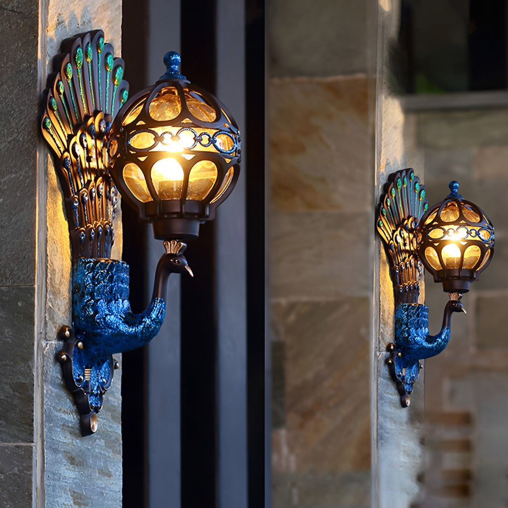 Peacock Outdoor Wall Sconce – Vintage Aluminum Light with Glass Shade, IP55 Rated for Garden and Porch, Available in Multiple Colors 0