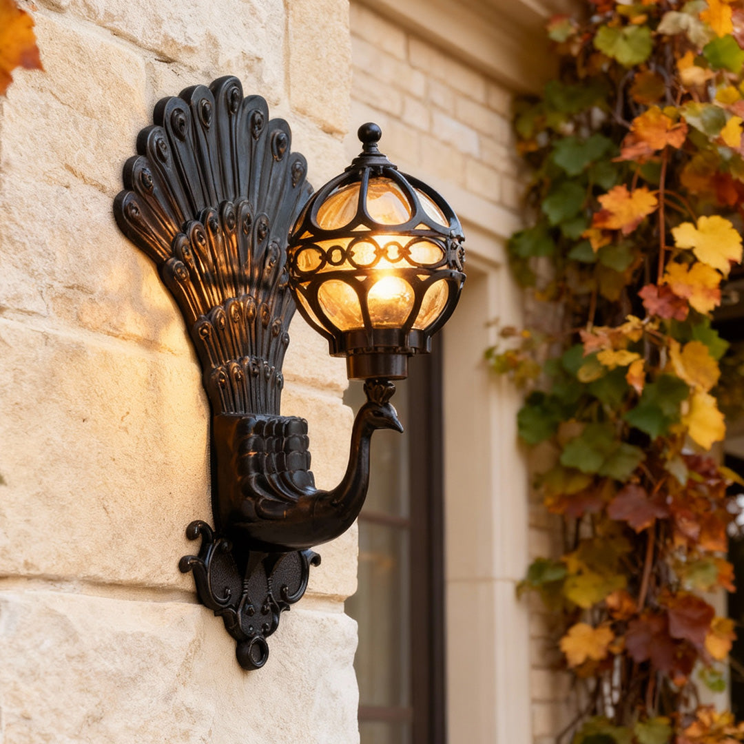 Peacock Outdoor Wall Sconce – Vintage Aluminum Light with Glass Shade, IP55 Rated for Garden and Porch, Available in Multiple Colors 1