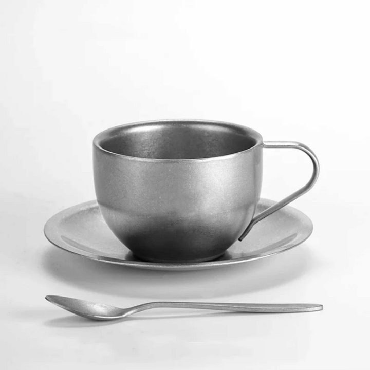 Retro Stainless Steel Coffee Mug Set with Saucer and Spoon – Double-Walled Insulated Design for Stylish Coffee Moments 0
