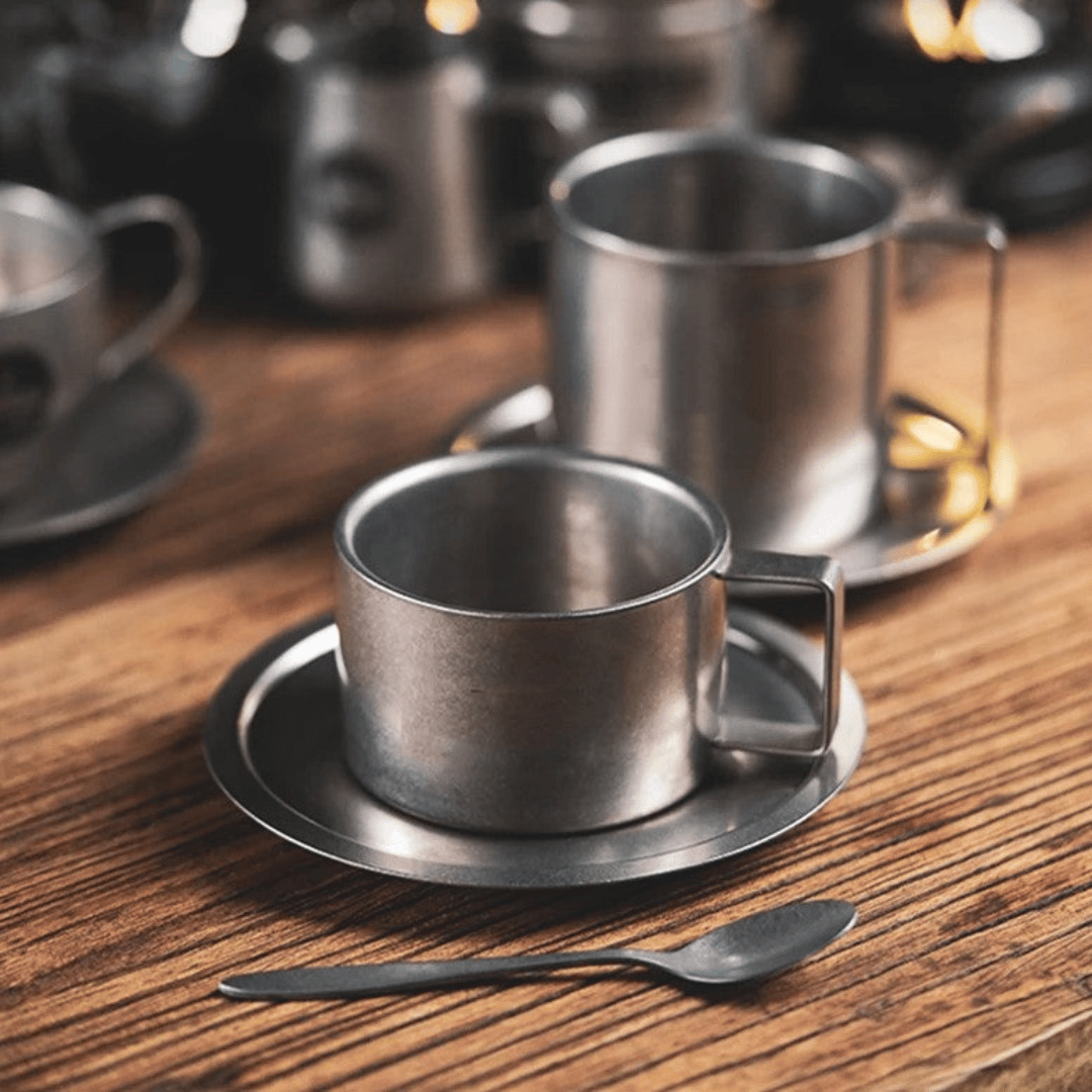 Retro Stainless Steel Coffee Mug Set with Saucer and Spoon – Double-Walled Insulated Design for Stylish Coffee Moments 1