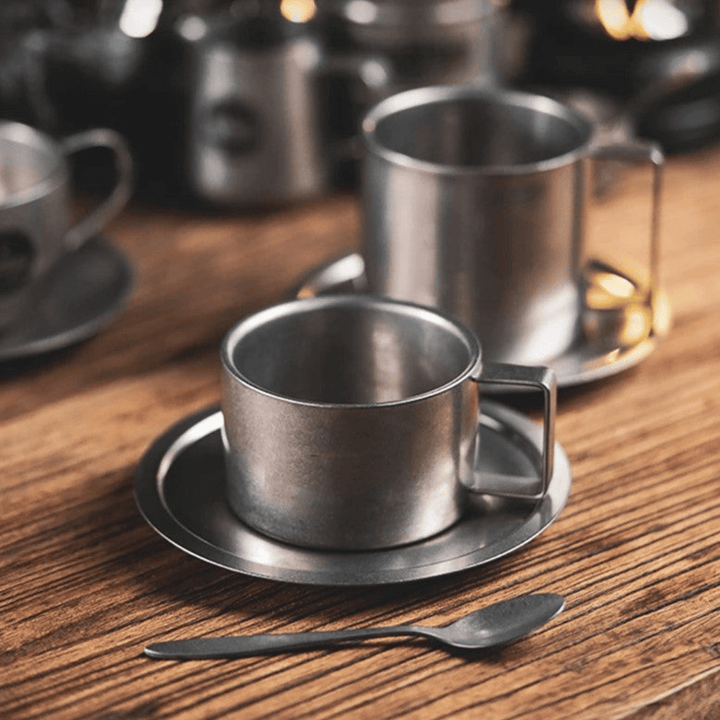 Retro Stainless Steel Coffee Mug Set with Saucer and Spoon – Double-Walled Insulated Design for Stylish Coffee Moments 1
