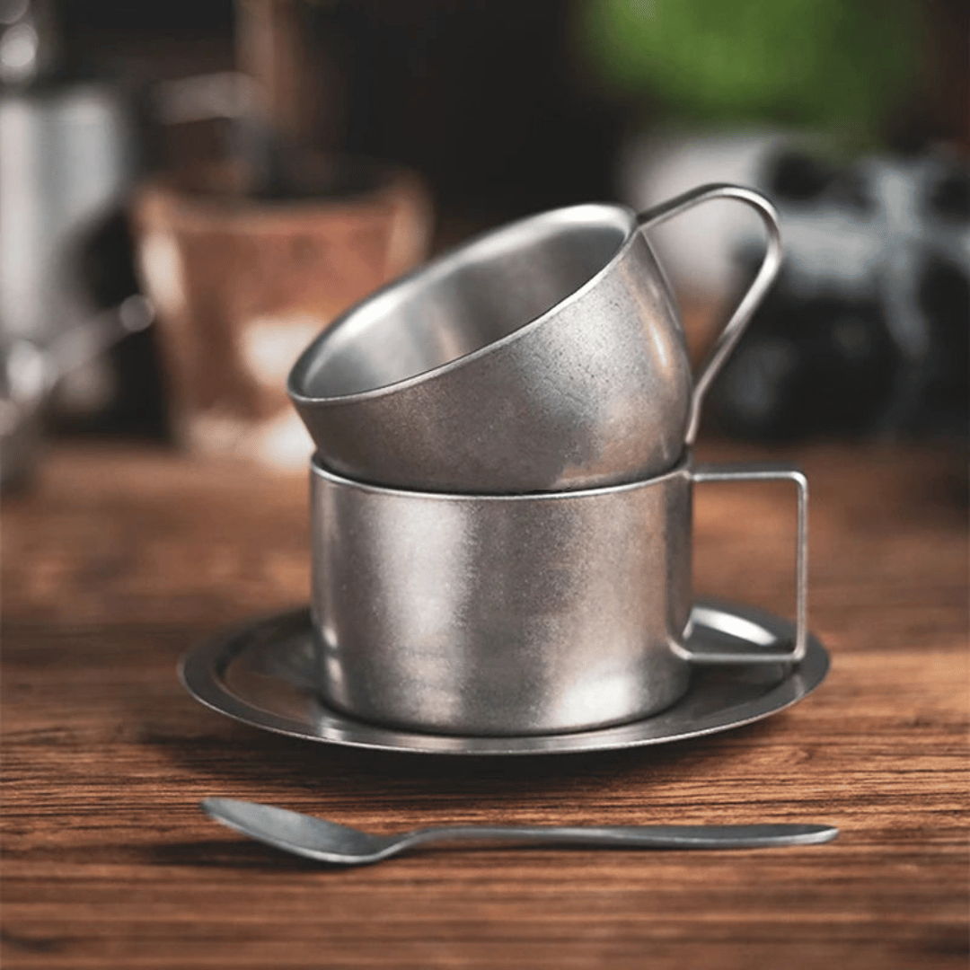 Retro Stainless Steel Coffee Mug Set with Saucer and Spoon – Double-Walled Insulated Design for Stylish Coffee Moments 2