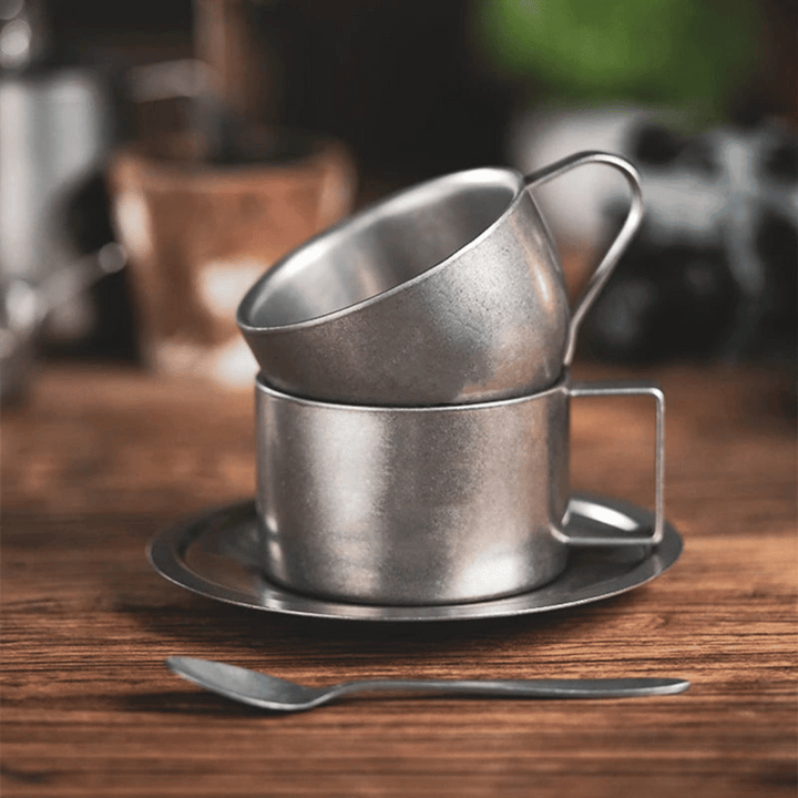 Retro Stainless Steel Coffee Mug Set with Saucer and Spoon – Double-Walled Insulated Design for Stylish Coffee Moments 2