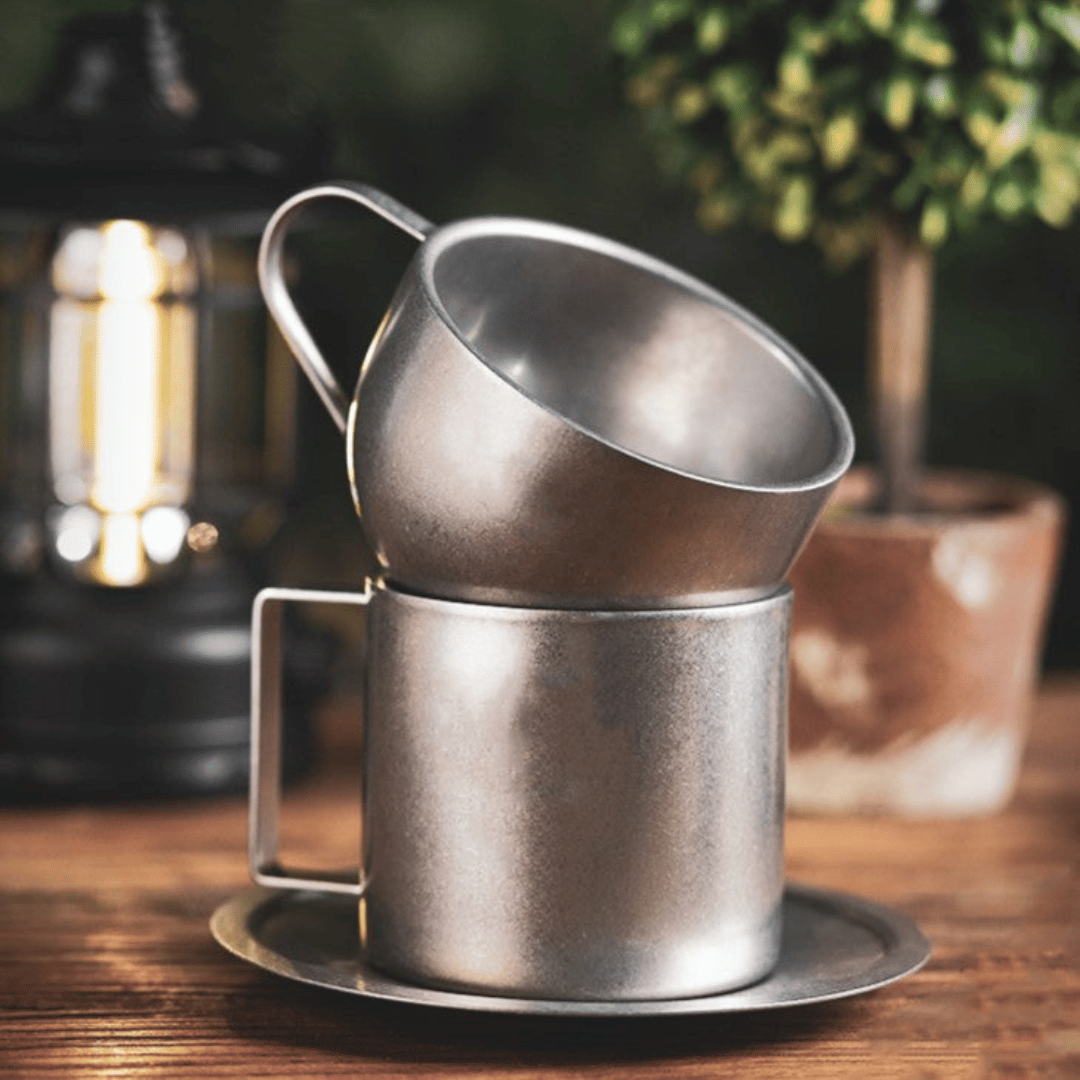 Retro Stainless Steel Coffee Mug Set with Saucer and Spoon – Double-Walled Insulated Design for Stylish Coffee Moments 3
