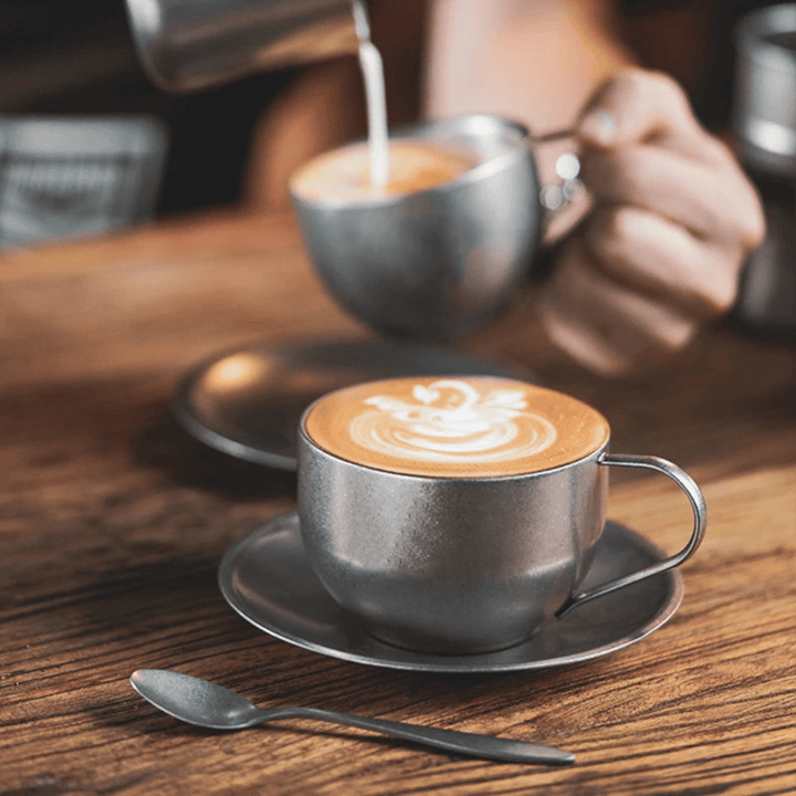 Retro Stainless Steel Coffee Mug Set with Saucer and Spoon – Double-Walled Insulated Design for Stylish Coffee Moments 4