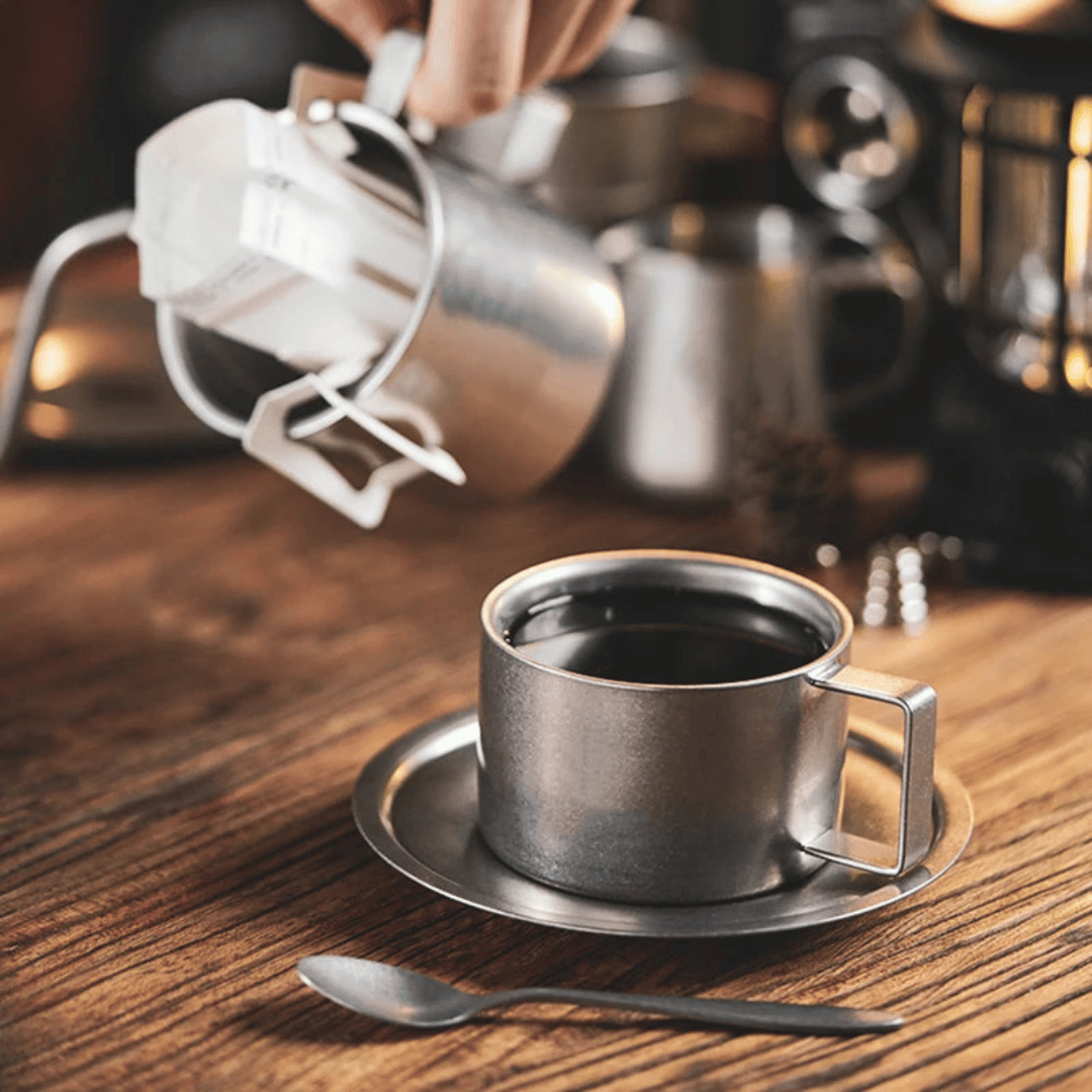 Retro Stainless Steel Coffee Mug Set with Saucer and Spoon – Double-Walled Insulated Design for Stylish Coffee Moments 5