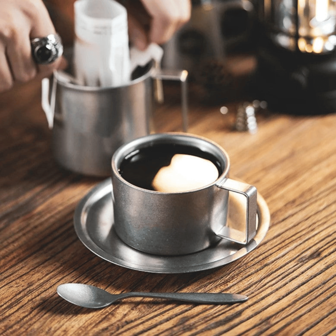 Retro Stainless Steel Coffee Mug Set with Saucer and Spoon – Double-Walled Insulated Design for Stylish Coffee Moments 6