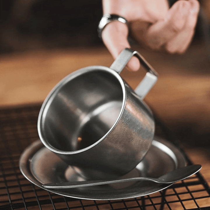 Retro Stainless Steel Coffee Mug Set with Saucer and Spoon – Double-Walled Insulated Design for Stylish Coffee Moments 7