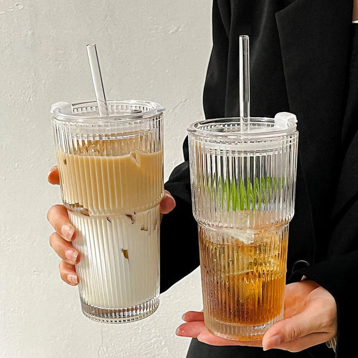 Ribbed Borosilicate Glass To-Go Coffee Cup with Lid and Reusable Straw – Heat-Resistant Iced Coffee and Hot Beverage Drinkware 0