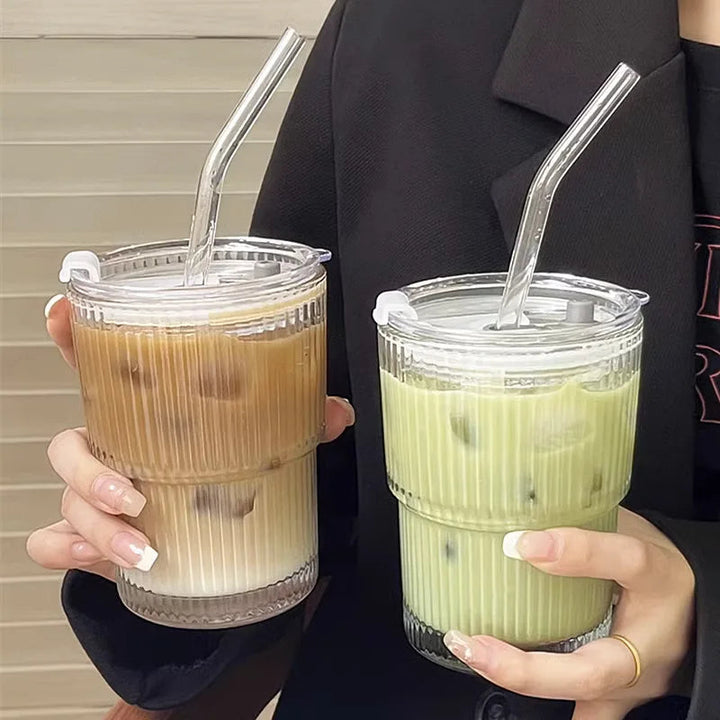Ribbed Borosilicate Glass To-Go Coffee Cup with Lid and Reusable Straw – Heat-Resistant Iced Coffee and Hot Beverage Drinkware 1