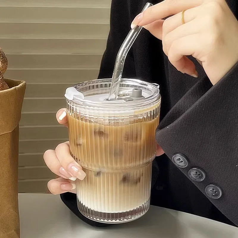 Ribbed Borosilicate Glass To-Go Coffee Cup with Lid and Reusable Straw – Heat-Resistant Iced Coffee and Hot Beverage Drinkware 2