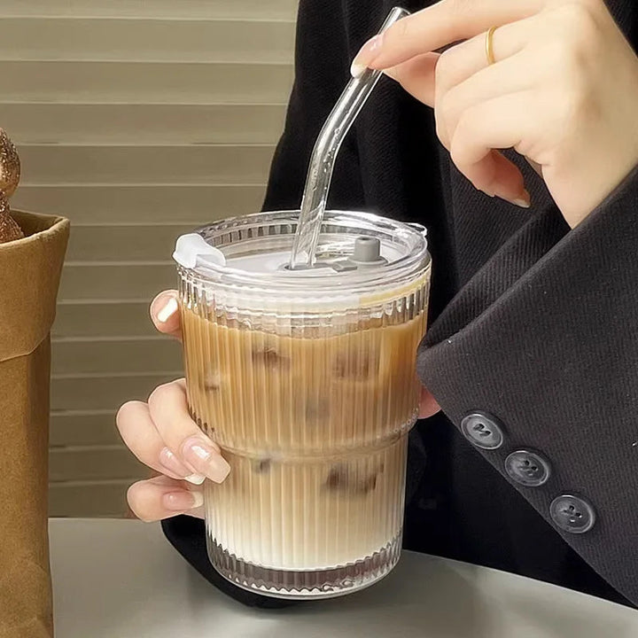 Ribbed Borosilicate Glass To-Go Coffee Cup with Lid and Reusable Straw – Heat-Resistant Iced Coffee and Hot Beverage Drinkware 2