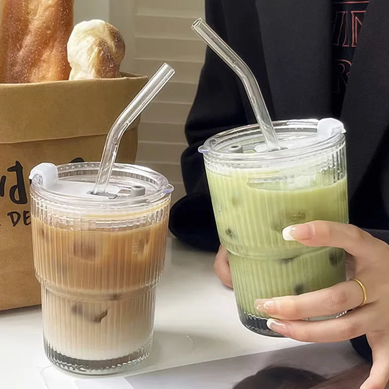 Ribbed Borosilicate Glass To-Go Coffee Cup with Lid and Reusable Straw – Heat-Resistant Iced Coffee and Hot Beverage Drinkware 3