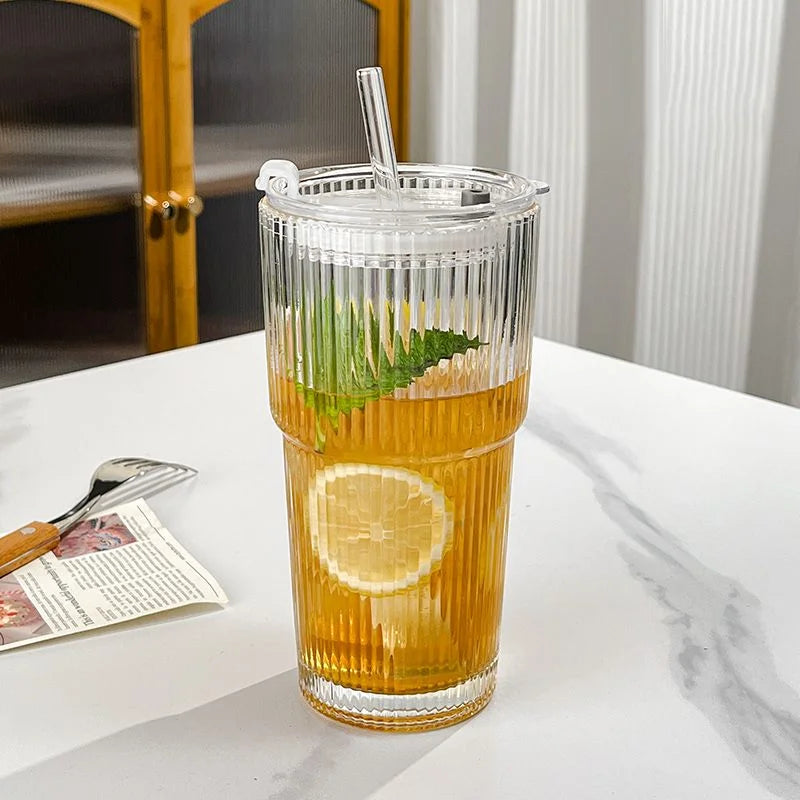 Ribbed Borosilicate Glass To-Go Coffee Cup with Lid and Reusable Straw – Heat-Resistant Iced Coffee and Hot Beverage Drinkware 4