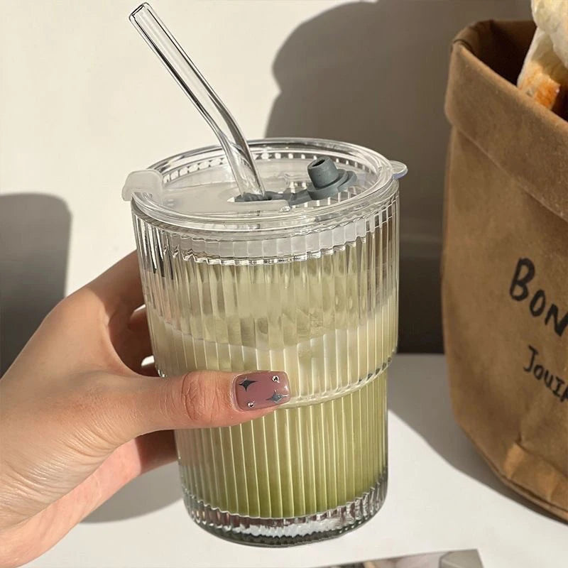 Ribbed Borosilicate Glass To-Go Coffee Cup with Lid and Reusable Straw – Heat-Resistant Iced Coffee and Hot Beverage Drinkware 6