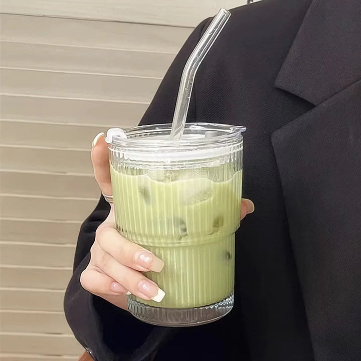 Ribbed Borosilicate Glass To-Go Coffee Cup with Lid and Reusable Straw – Heat-Resistant Iced Coffee and Hot Beverage Drinkware 8