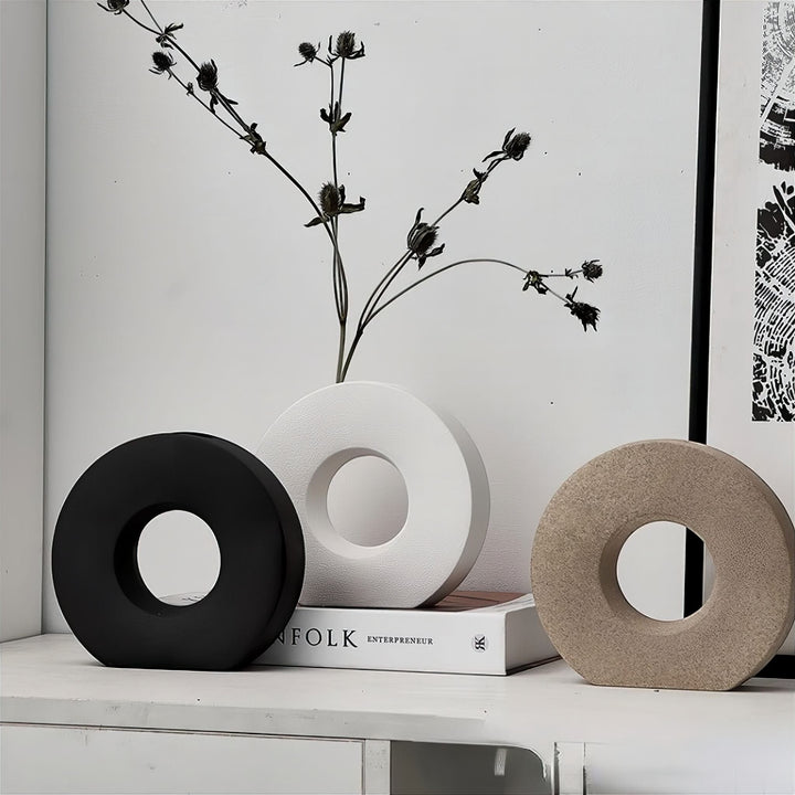 Round Ceramic Donut Flower Vase with Matte Finish for Modern Minimalist Home Decor 0