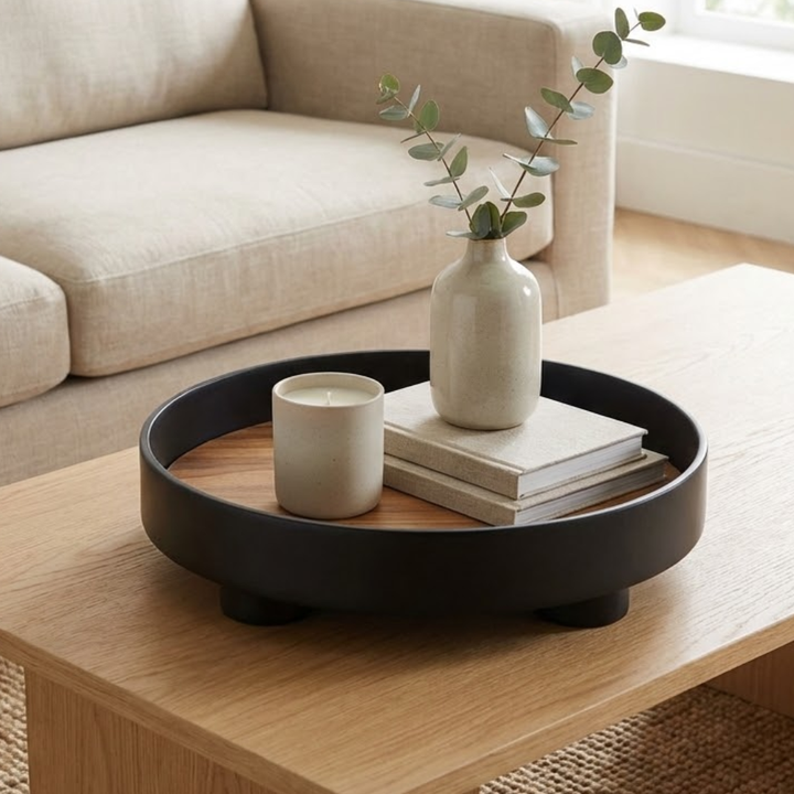 Round Wooden Coffee Table Tray with Oak Inlay and Black Edge – Elevated Decorative Tray for Stylish Table Decor 0