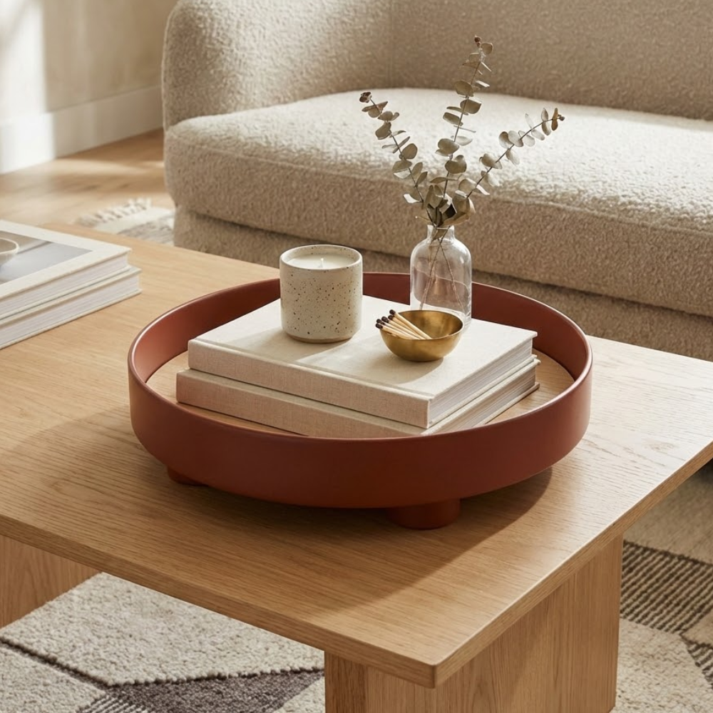 Round Wooden Coffee Table Tray with Oak Inlay and Black Edge – Elevated Decorative Tray for Stylish Table Decor 1