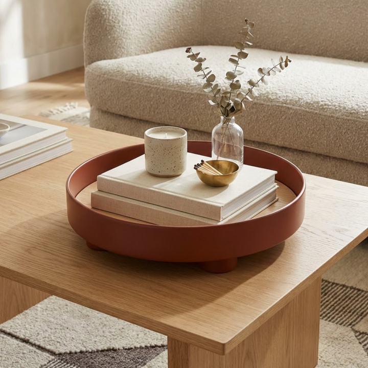 Round Wooden Coffee Table Tray with Oak Inlay and Black Edge – Elevated Decorative Tray for Stylish Table Decor 1