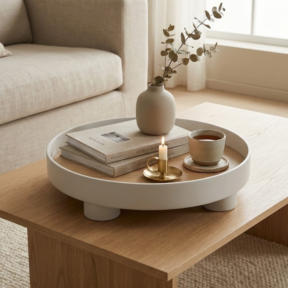 Round Wooden Coffee Table Tray with Oak Inlay and Black Edge – Elevated Decorative Tray for Stylish Table Decor 2