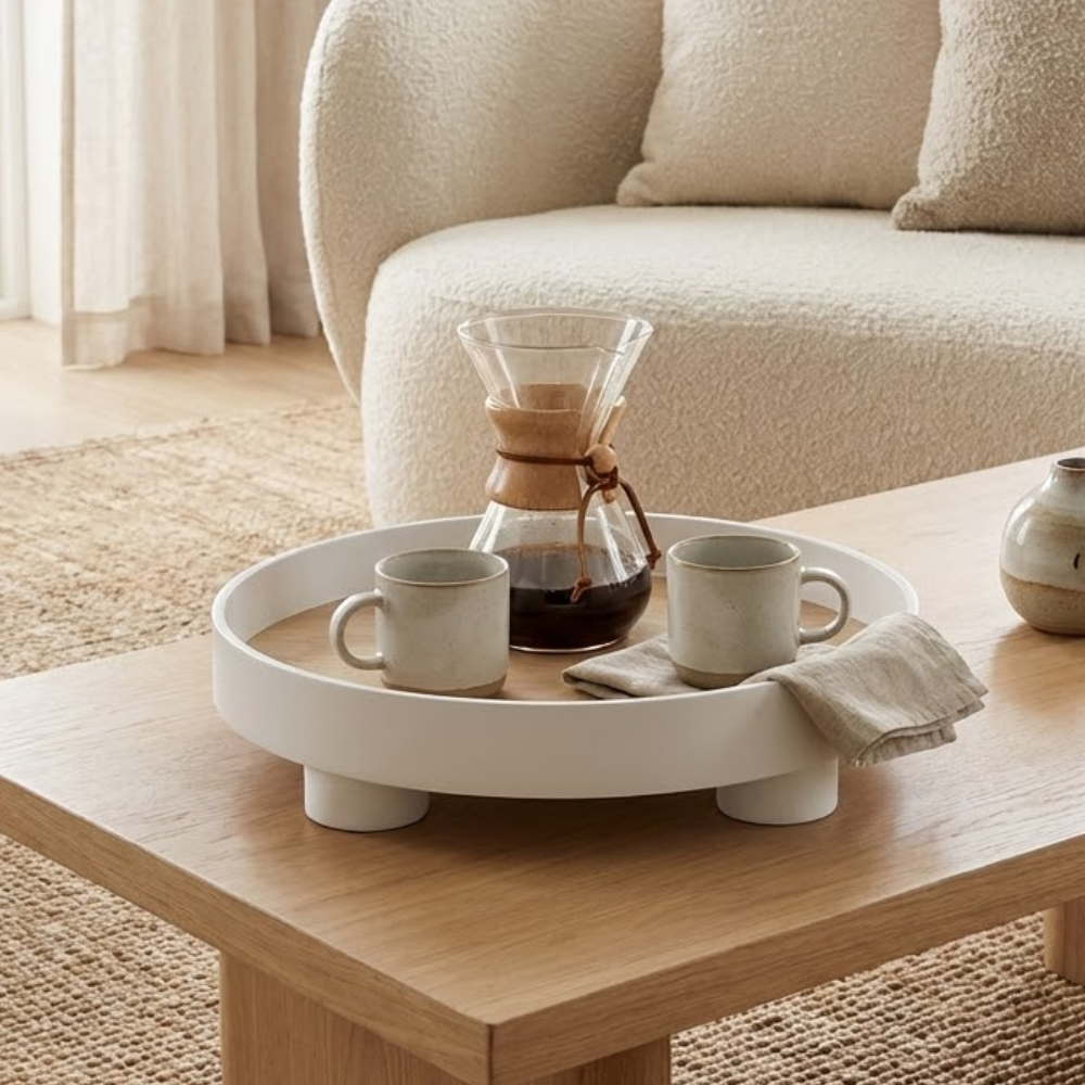 Round Wooden Coffee Table Tray with Oak Inlay and Black Edge – Elevated Decorative Tray for Stylish Table Decor 3