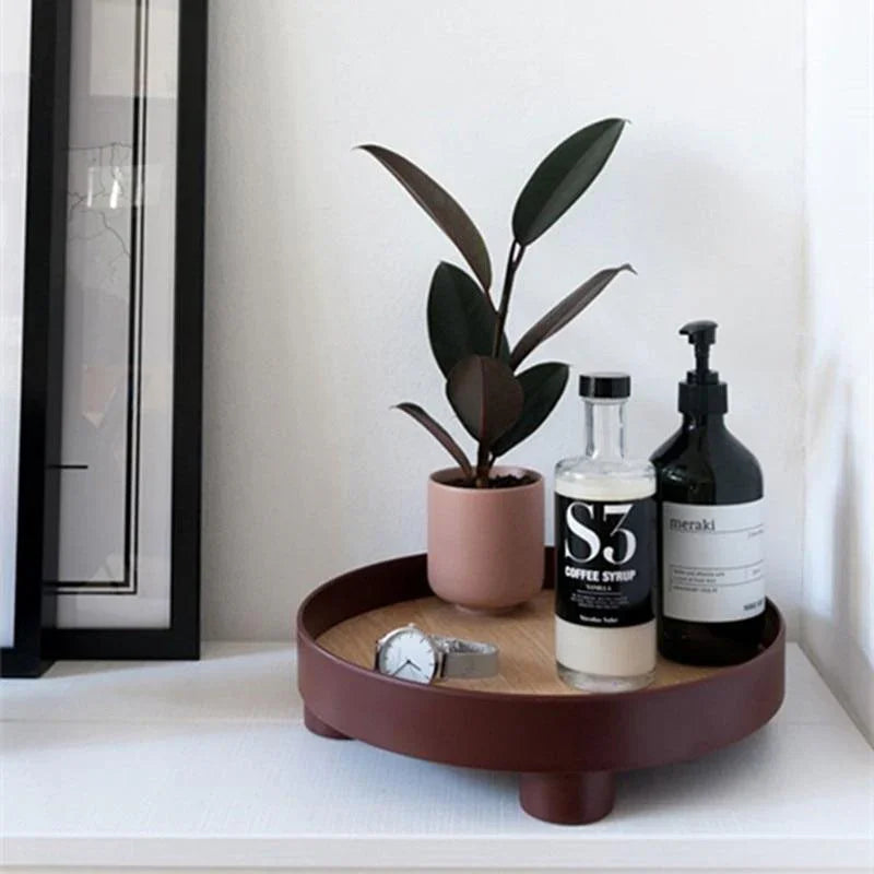 Round Wooden Coffee Table Tray with Oak Inlay and Black Edge – Elevated Decorative Tray for Stylish Table Decor 4