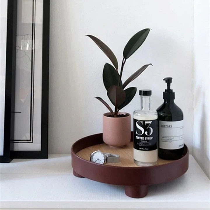 Round Wooden Coffee Table Tray with Oak Inlay and Black Edge – Elevated Decorative Tray for Stylish Table Decor 4
